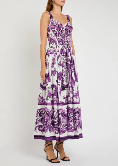 Dolce & Gabbana Long Poplin Dress With Majolica Print Dolce E Gabbana In Purple