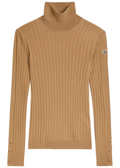 Moncler Ribbed Wool And Cashmere-blend Top In Brown