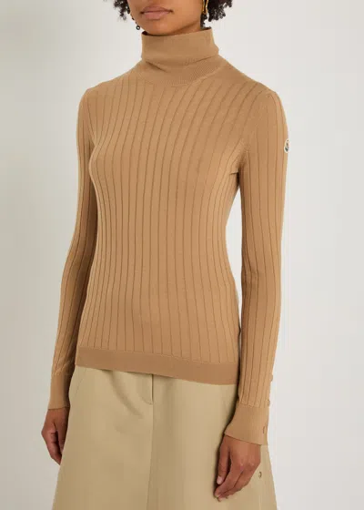 Moncler Ribbed Wool And Cashmere-blend Top In Brown