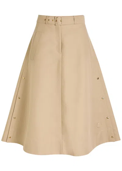Moncler Belted Cotton-gabardine Midi Skirt In Neutral