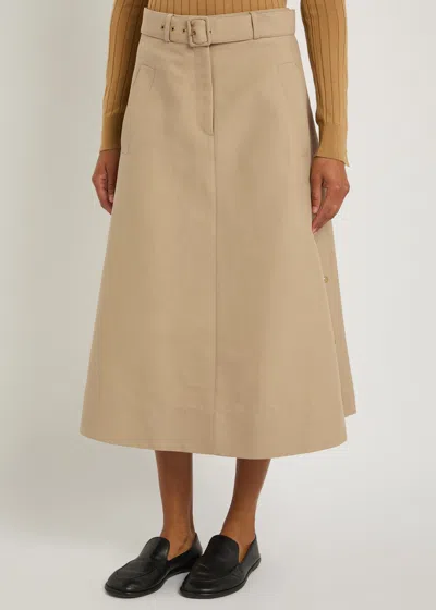 Moncler Belted Cotton-gabardine Midi Skirt In Neutral