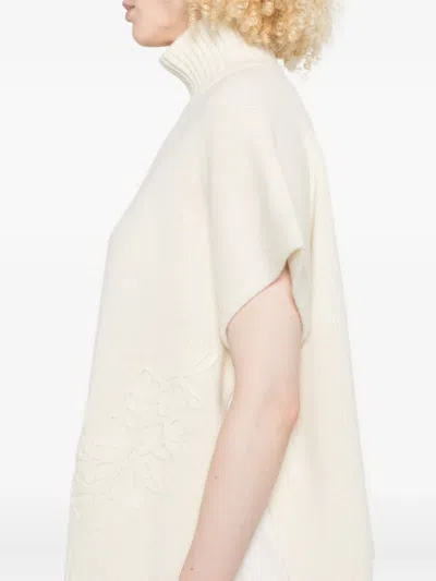 Ermanno Firenze High Neck Knitwear With Embroidered Ribbed Hem In White