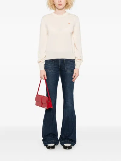 Maison Kitsuné Wool Crew Neck Jumper With Ribbed Cuffs In Neutral