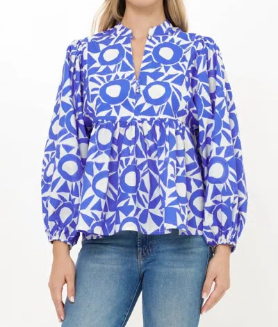 Oliphant Mandarin Long Balloon Sleeves Top In Eclipse Blue In Multi