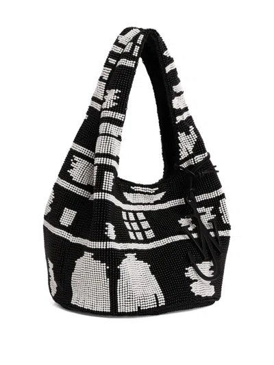 Jw Anderson Mini Beaded Shoulder Bag With Abstract Patterns In Black