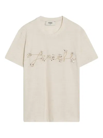 Fendi Beige Cotton And Linen T-shirt With Logo In Neutral