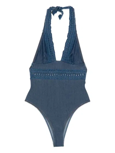 Ermanno Scervino Blue Lace-detail Swimsuit In Multi