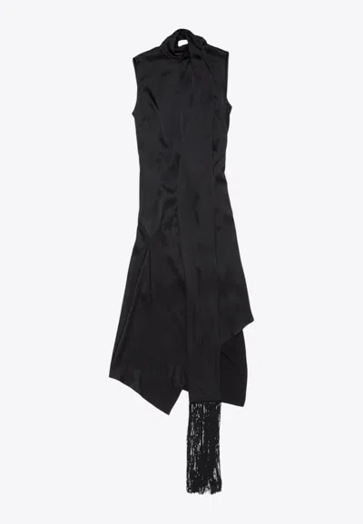Acne Studios Dale Attached Scarf Asymmetric Satin Dress In Black