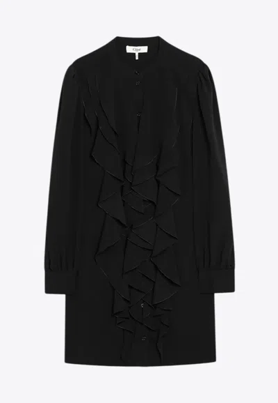 Chloé Black Ruffled Dress In Silk Blend In Black