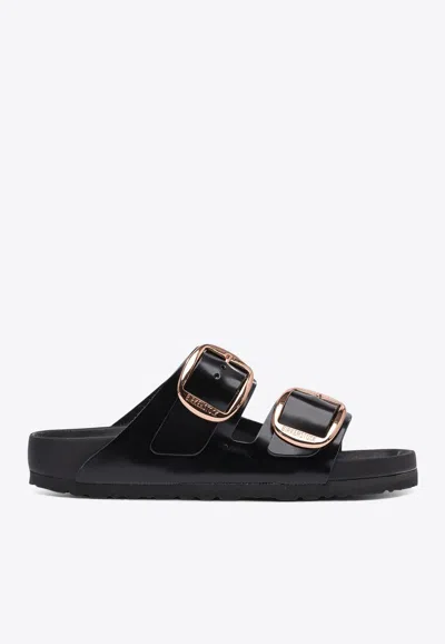 Birkenstock Arizona Big Buckle Slide In Shiny Leather In Black