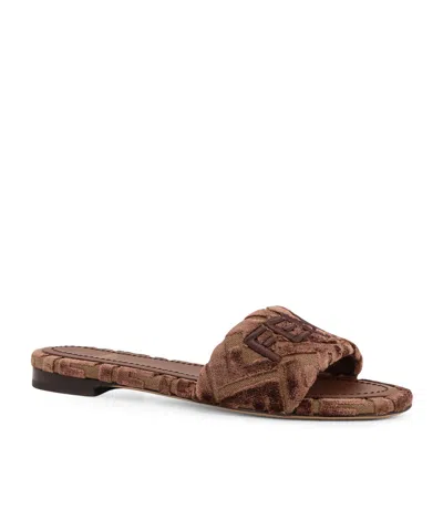Fendi Sunshine Logo-embroidered Velvet Flat Sandals In Brown