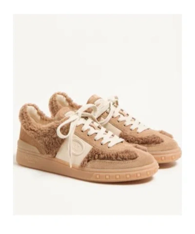 Valentino Garavani Upvillage Suede Shearling Low-top Sneakers In Brown