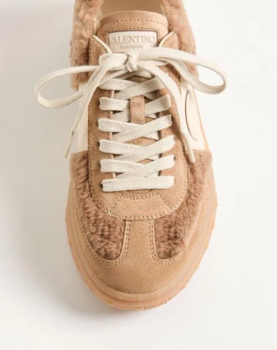 Valentino Garavani Upvillage Suede Shearling Low-top Sneakers In Brown