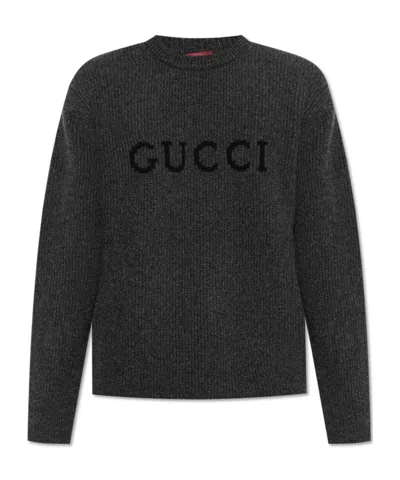 Gucci Grey Crewneck Sweater With Logo Lettering Embroidery On The Front In Wool Man In Black