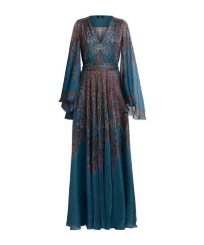 Etro Women Light Blue Paisley Print Pekin Crepon Long Dress