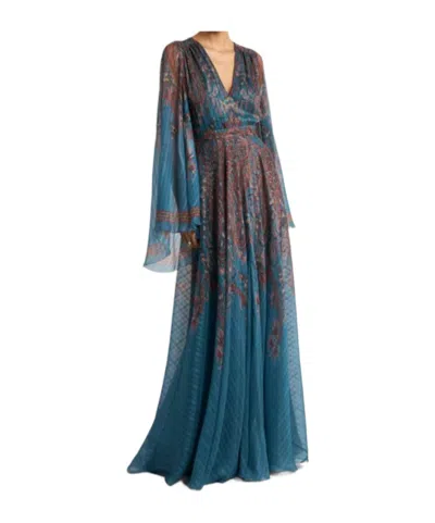 Etro Women Light Blue Paisley Print Pekin Crepon Long Dress