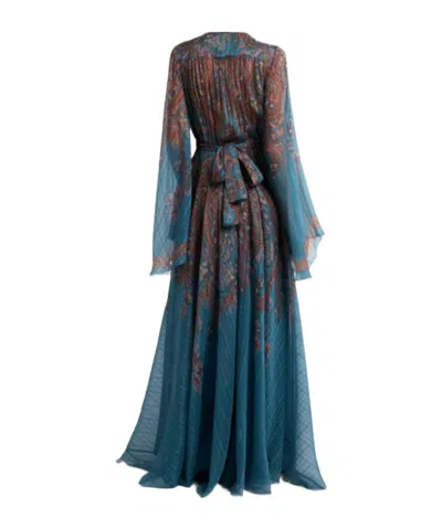 Etro Women Light Blue Paisley Print Pekin Crepon Long Dress