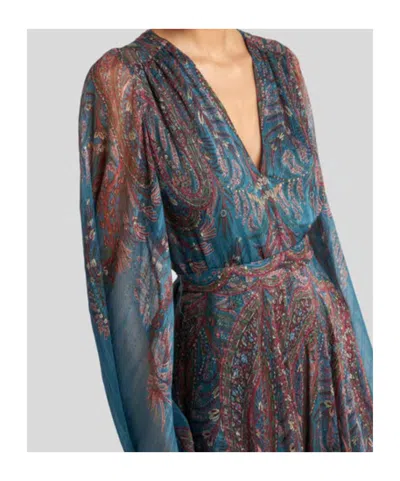 Etro Women Light Blue Paisley Print Pekin Crepon Long Dress