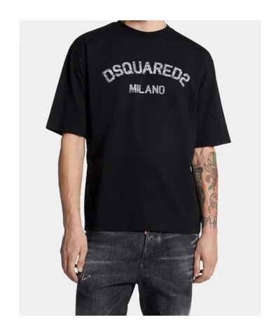 Dsquared2 Loose Fit Tee Logo Dsq2 Milano Sbiadito Effetto Texture Jersey Di Cotone T-shirt In Black