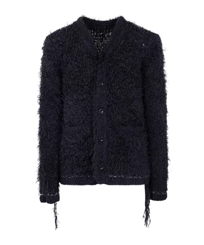 Sacai Furry Knit Cardigan In Blue