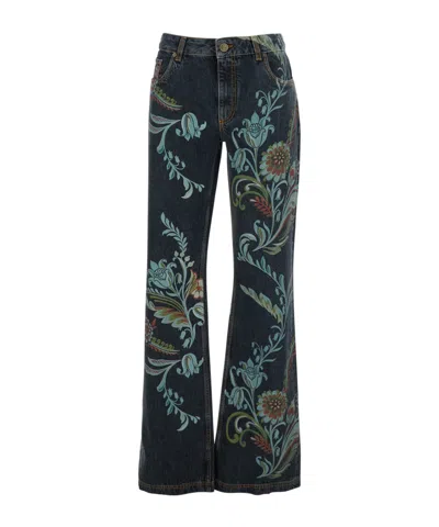 Etro Blue Jeans With All-over Painted Flowers In Denim Woman In Blue