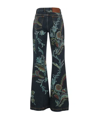 Etro Blue Jeans With All-over Painted Flowers In Denim Woman In Blue