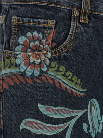 Etro Blue Jeans With All-over Painted Flowers In Denim Woman In Blue