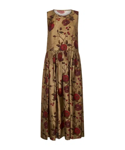 Uma Wang Midi Dress With Floral Print And Gathered Waist In Brown