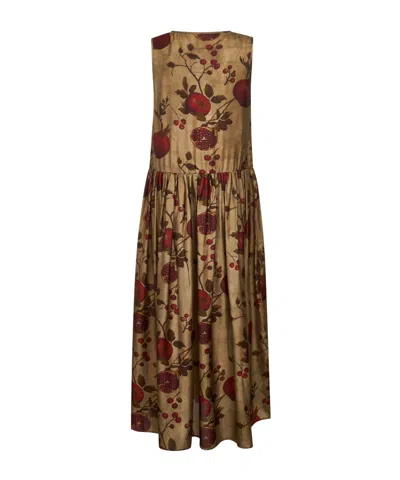 Uma Wang Midi Dress With Floral Print And Gathered Waist In Brown