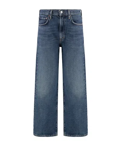 Agolde Wide-leg Denim Trousers With Metal Buttons In Blue