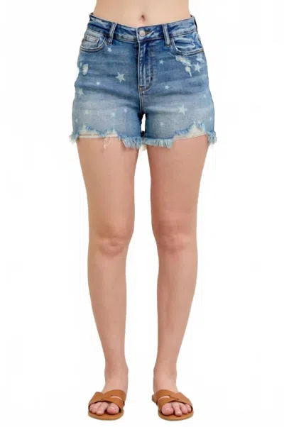 Judy Blue High Waist Star Print Cut Off Denim Short In Medium Wash In Blue
