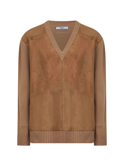 Prada Abbigliamento Camel Wool Blend And Suede Sweater In Brown