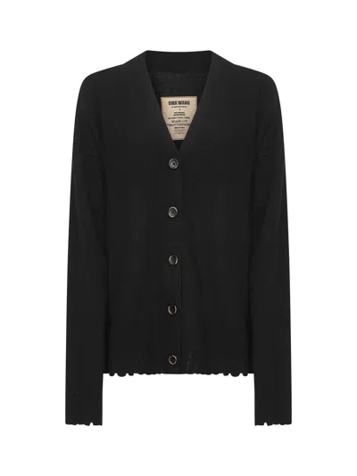 Uma Wang Frayed Hem V-neck Over Cardigan Knitwear In Black