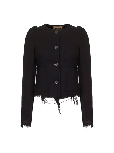 Uma Wang Distressed Frayed Hem Jacket With Front Pockets In Black