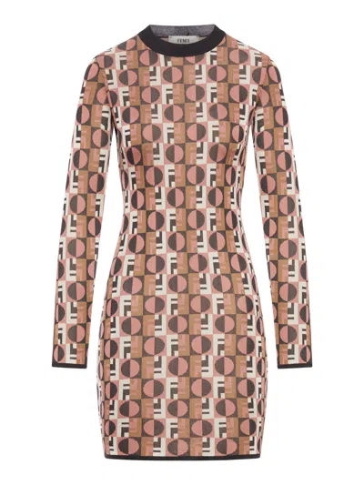 Fendi Optical Crew Neck Geometric Pattern Dress In Brown