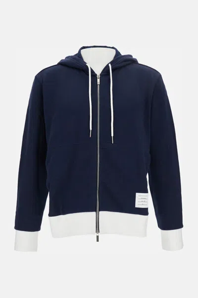 Thom Browne Zip Up Hoodie With Engineered 4 Bar In Color Blocked Solid In Blue