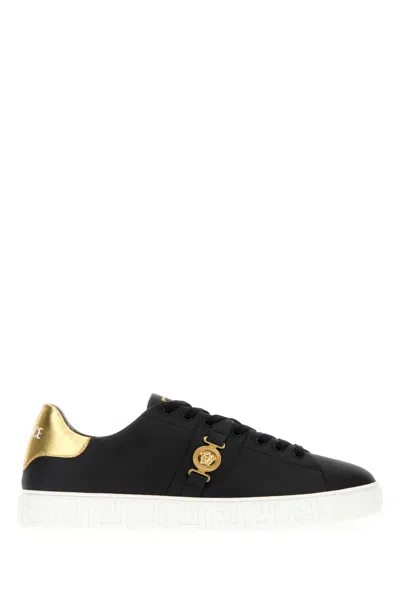 Versace Black Low Top Sneakers With Contrasting Heel With Logo Lettering And Medusa Plaque In Tech Fabric Ma In Black