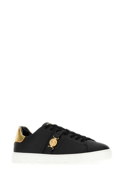 Versace Black Low Top Sneakers With Contrasting Heel With Logo Lettering And Medusa Plaque In Tech Fabric Ma In Black
