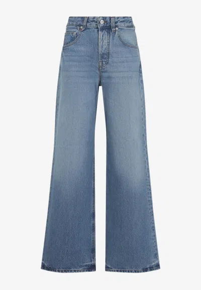 Jacquemus Wide Leg High Rise Jeans With Contrast Stitching In Blue