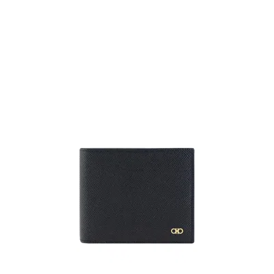 Ferragamo Gancini Leather Compact Wallet Textured Finish In Black