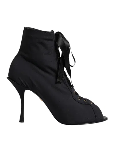 Dolce & Gabbana Black Stiletto Heels Lace Up Boots Shoes In Multi