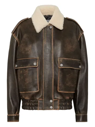Philipp Plein Leather Aviator Jacket With Shearling Collar Signature In Brown
