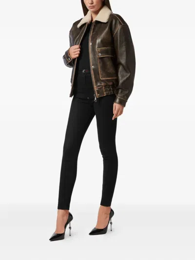 Philipp Plein Leather Aviator Jacket With Shearling Collar Signature In Brown