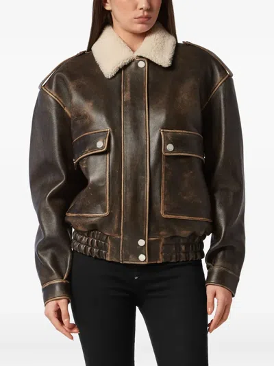 Philipp Plein Leather Aviator Jacket With Shearling Collar Signature In Brown