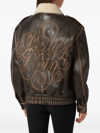 Philipp Plein Leather Aviator Jacket With Shearling Collar Signature In Brown
