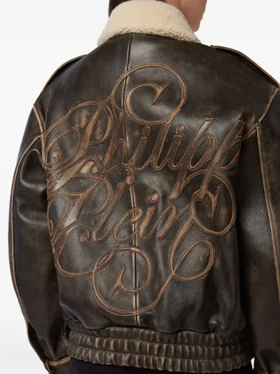 Philipp Plein Leather Aviator Jacket With Shearling Collar Signature In Brown