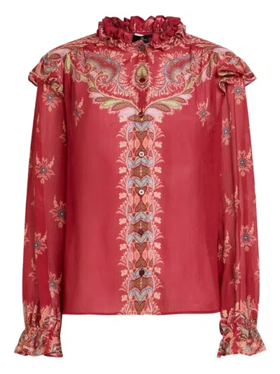Etro Boho Ruffled Printed Chiffon Blouse In Red