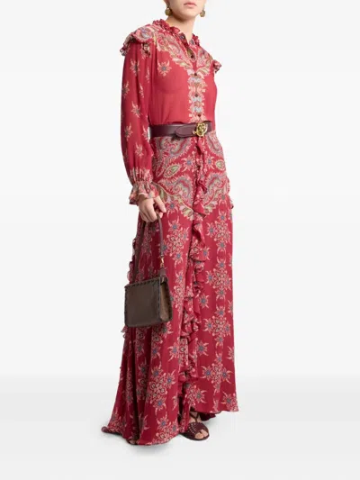 Etro Boho Ruffled Printed Chiffon Blouse In Red