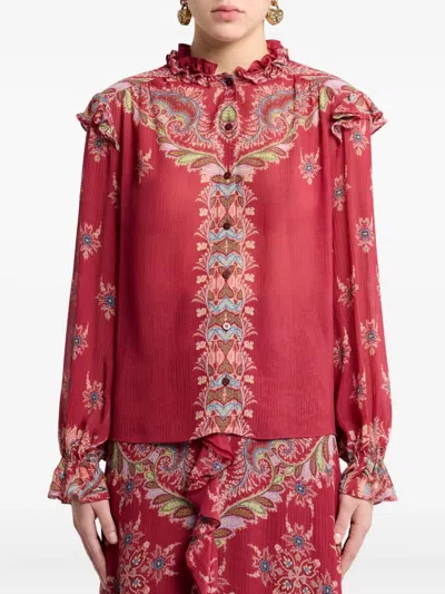 Etro Boho Ruffled Printed Chiffon Blouse In Red