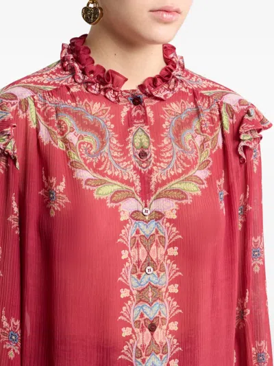 Etro Boho Ruffled Printed Chiffon Blouse In Red